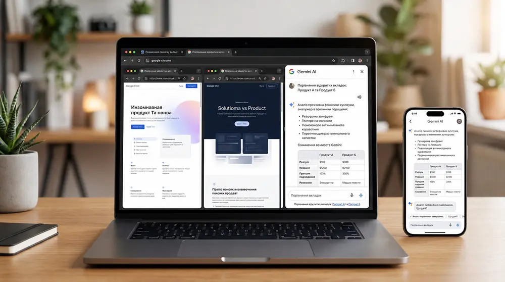 Интерфейс ИИ-ассистента Gemini в боковой панели Chrome Современный безрамочный смартфон и экран ноутбука с открытым браузером Google Chrome, где в боковой панели ИИ Gemini анализирует и сравнивает открытые вкладки.